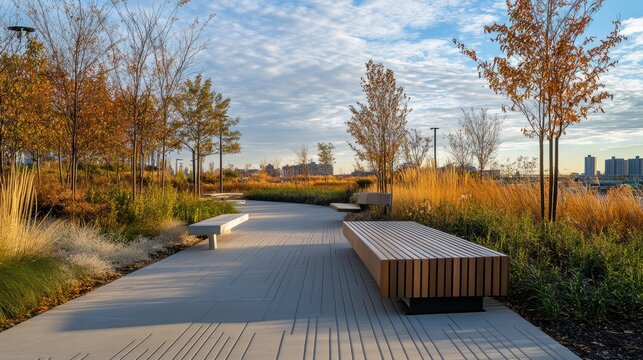 Modern inclusive urban park with autumn foliage and contemporary design elements