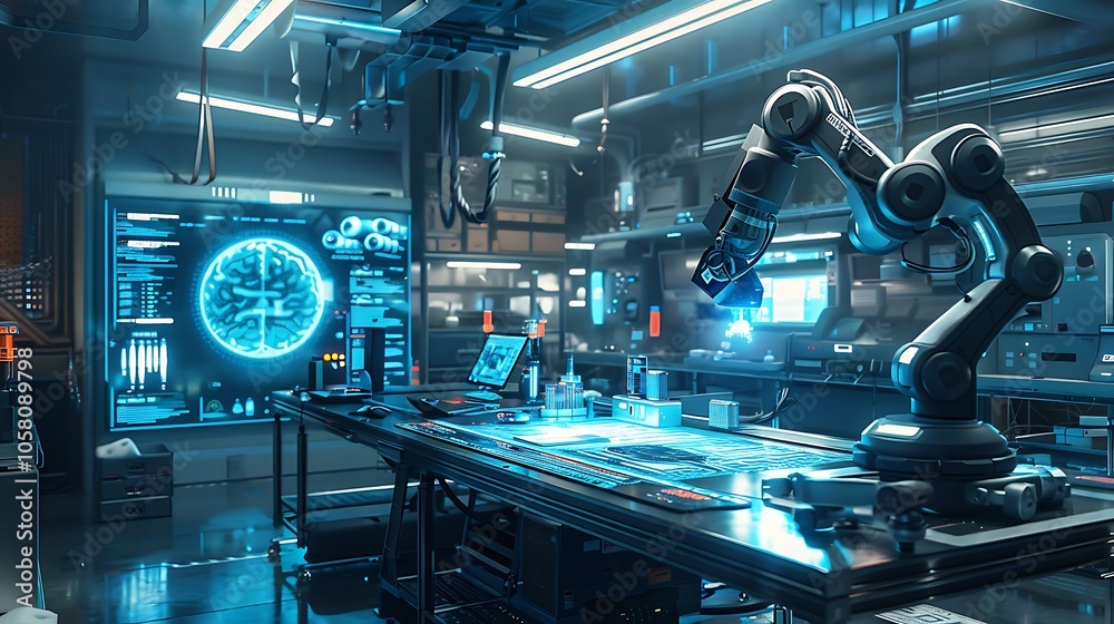Poster a futuristic lab with glowing screens and robotic arms, showcasing advanced technology and innovatio