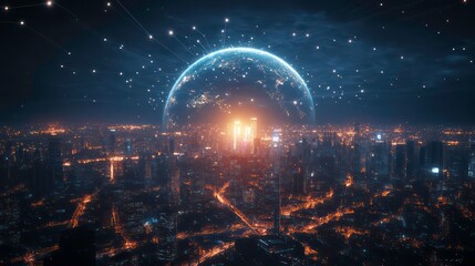 A glowing globe of Earth with light beams connecting to a city skyline at night.