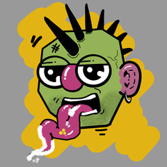 isolated vector cartoon punk facial expression taking medicine pills on gray background and abstract yellow paint