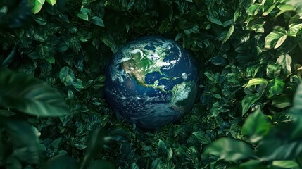 A 3D rendering of a realistic Earth globe surrounded by lush green leaves, symbolizing the interconnectedness of nature and our planet.