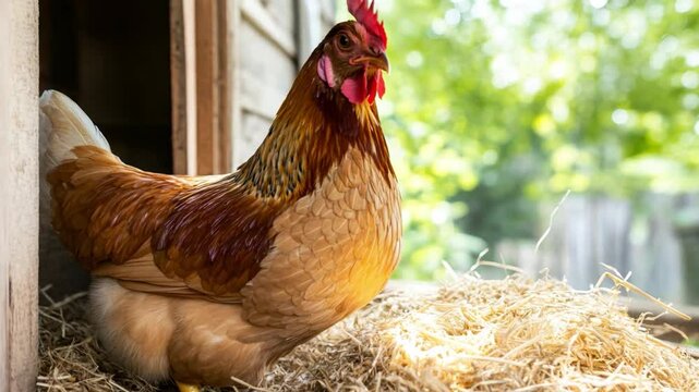 A vibrant hen stands proudly at the entrance of a rustic coop surrounded by fresh straw and greenery in daylight