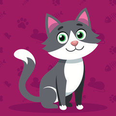 Cute cat sitting. Funny cartoon cool character. Portrait of adorable little stray cat. Vector illustration character design with flat color.