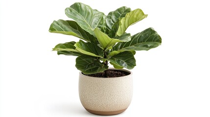 Fototapeta premium A potted fiddle leaf fig plant with large, green leaves.