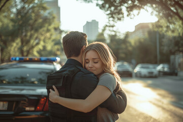 Fototapeta premium Emotional Reunion Between Woman and Police Officer on City Street Engulfs Warmth Comfort Urban Environment Relationship Concept