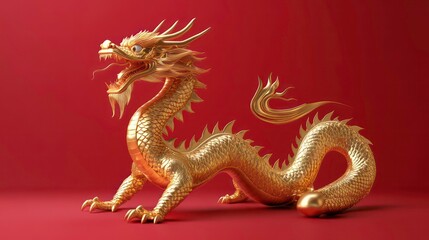 Obraz premium Golden Dragon on Red Background - 3D Render, Chinese Dragon, Mythical Creature, Dragon, 3D Model