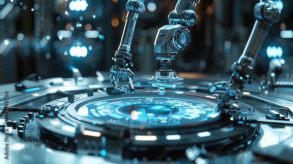 Fototapete A futuristic robotic arm interacts with a glowing interface, showcasing advanced technology and precision in a high-tech environment.