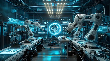 Obraz premium A futuristic laboratory with robotic arms and high-tech screens, glowing in blue light, showcasing advanced technology and innovation.