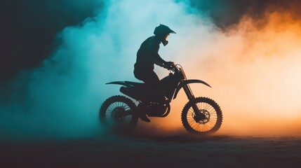 Dynamic motorcycle performance in ethereal lighting against a dark background a professional showcase of speed and skill