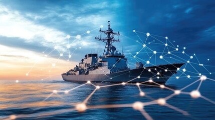 A contemporary naval vessel moves through tranquil seas amidst digital connections highlighting technological advancements in maritime warfare