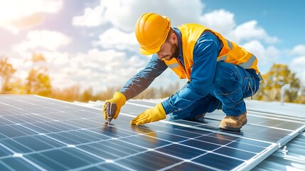 A dedicated worker in safety gear installs solar panels on a rooftop, showcasing modern technology and commitment to renewable energy solutions.