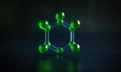 Green hydrogen molecule structure, floating in a dark environment with subtle green gradients