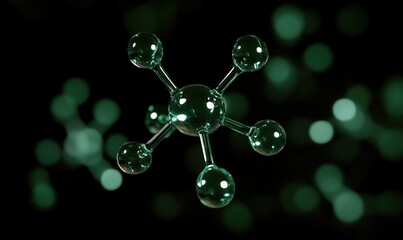 Green hydrogen molecule structure, floating in a dark environment with subtle green gradients