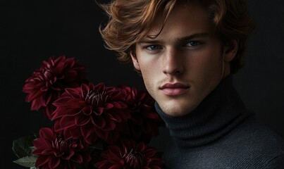 Closeup portrait of a man with deep auburn hair, holding maroon dahlias