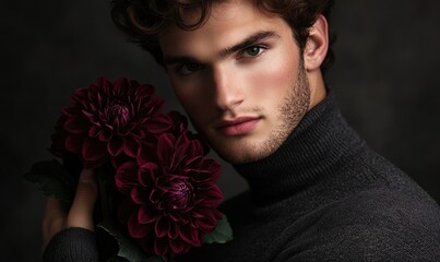 Closeup portrait of a man with deep auburn hair, holding maroon dahlias