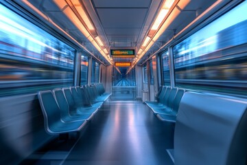 Fototapeta premium Futuristic Interior of a Fast Moving Subway Train in Motion with Empty Seats Blurred in Perspective, urban transportation concept