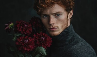 Closeup portrait of a man with deep auburn hair, holding maroon dahlias