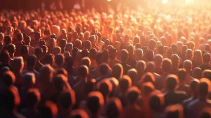Obraz premium Vibrant crowd at sunset: diverse gathering captured in warm light