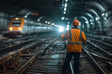 Worker in reflective gear holding flashlight in dark train tunnel with tracks, wearing helmet for safety and visibility purpose, engineering concept