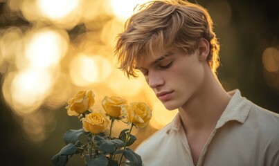 Closeup portrait of a young man with golden blonde hair, holding yellow roses