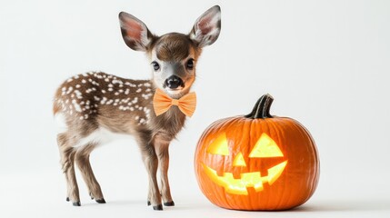 Fototapeta premium Fawn with a Bowtie and a Jack-o-Lantern for Halloween