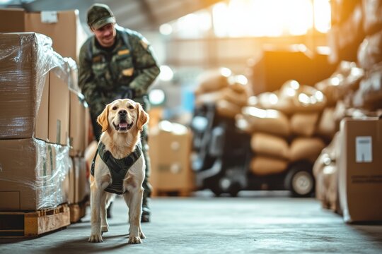 Warehouse security officer with trained detection dog, sniffing for contraband among boxes, ensuring safety and organization concept