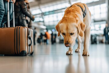 Labrador sniffing airport floor beside suitcase, travelers in background, dog at airport, travel...