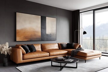 Fototapeta premium Cozy Modern Living Room with Neutral Tones, Stylish Decor, and Elegant Architecture- generative ai