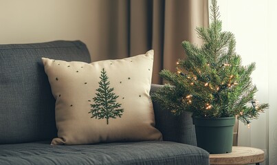 Light beige pillow with subtle green mistletoe embroidery on a dark gray couch, paired with a small potted fir tree