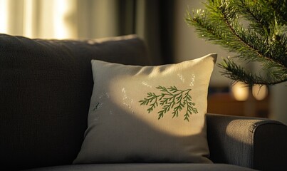 Light beige pillow with subtle green mistletoe embroidery on a dark gray couch, paired with a small potted fir tree