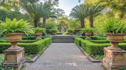 Obraz premium Serene Garden Pathway with Lush Greenery and Planters