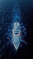 Fototapeta premium A contemporary naval vessel moves through tranquil seas amidst digital connections highlighting technological advancements in maritime warfare