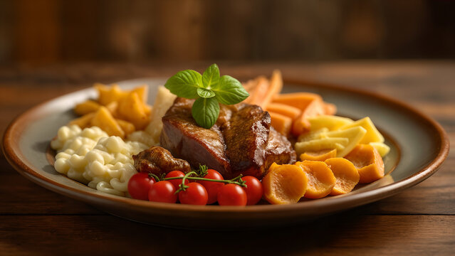 An Invitation to Dine: A Beautifully Arranged Plate of Delectable Food on a Rustic Table