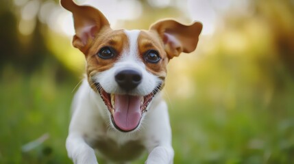 A happy Jack Russell Terrier runs towards the camera with its tongue out and ears perked up in a grassy field.