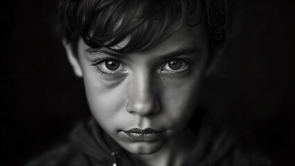 Fototapeta premium Emotional Depth in Monochrome: A Striking Black and White Portrait of a Boy's Face