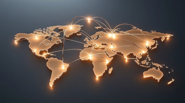 This 3D world map showcases vibrant orange connections linking countries, set against a dark backdrop for dramatic effect