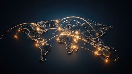 This 3D world map showcases vibrant orange connections linking countries, set against a dark backdrop for dramatic effect