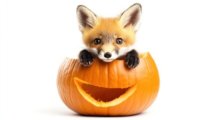 Obraz premium Cute Fox Peeking Out of a Carved Pumpkin