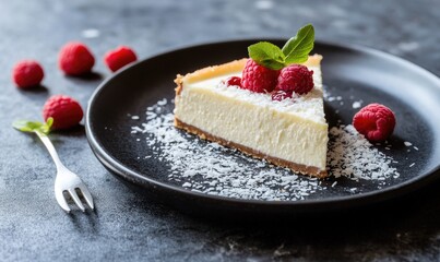 Protein-packed cheesecake with a layer of yogurt, raspberries, and shredded coconut on a dark serving plate