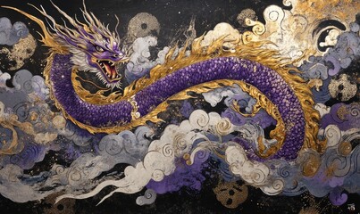 Purple and gold Chinese dragon on a black background with cloud patterns in silver