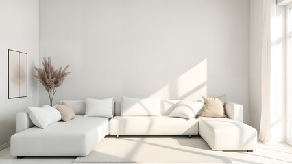 Elegant White-Themed Living Room with Artistic Arrangements and a Unique Bat Accent