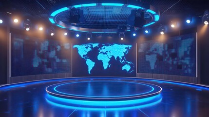 Empty news studio with a large world map behind a circular stage.