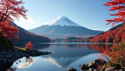 Fototapeta premium Tranquil lakeside view with autumn foliage and majestic mountain backdrop