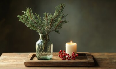 Simple dining table with a small glass vase filled with pine branches and red berries