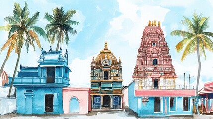 Obraz premium Vibrant Watercolor Temples with Tropical Background