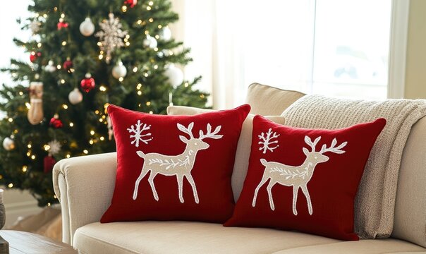 Simple living room with a beige couch decorated with two red pillows with white reindeer embroidery