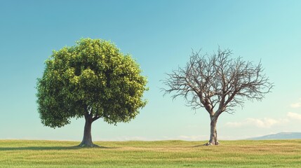 Fototapeta premium Lush Green Tree and Dead Tree in Field with Blue Sky - Nature Contrast Concept.