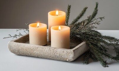 Three candles of varying heights on a stone tray with a few scattered fir sprigs nearby