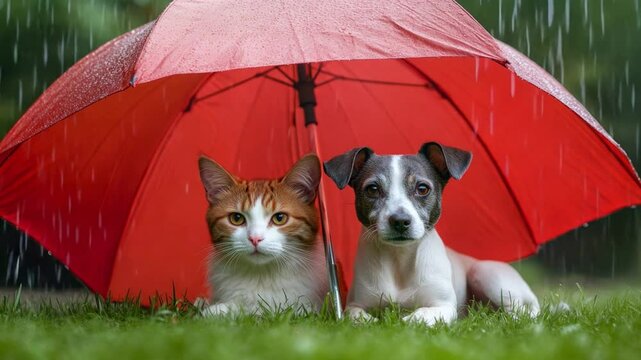 A cat and a dog sharing an umbrella in the rain during a spring afternoon in a lush green park
