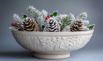 White ceramic bowl filled with snowy pinecones and a small sprig of holly, set against a muted blue-gray background
